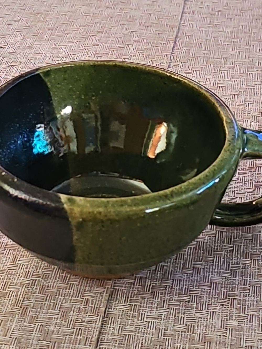 Studio Pottery Two-tone Black And Green Glazed Gravy Bowl with Spout And Handle